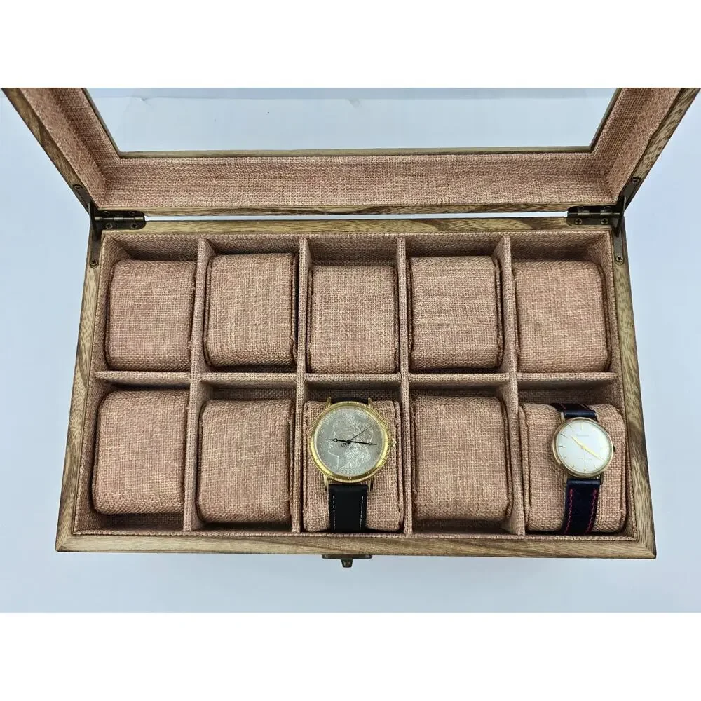10 Slot Light color Wooden Watch Box with Sliding Jewelry Drawer Ring Clear Top